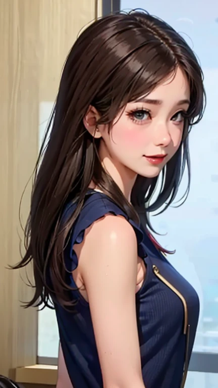 blush a little and smile, (Top quality masterpiece:1.2) Delicate illustrations, Very detailed, /Beautiful Japanese Women、1 person,Very cute and slim、Great style 、((8K images、super high quality))、Very delicate face, Skin and Hair、beautifule forehead、Red lipstick、(((((Mid-length hair、Brown Hair、lure))))),Very cute Japanese cut face、Eyes and nose are clearly visible、Kind eyes,((((Sleeveless fashion))))