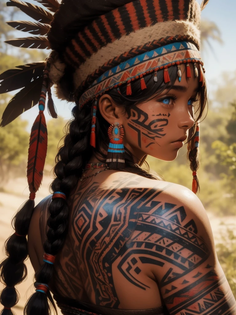masterpiece, upper body, close up of girl, native american face, handsome, (tribal cap), blue eyes, messy hairs, (tribal tattoos on cheek), (looking back), (side view), bokeh