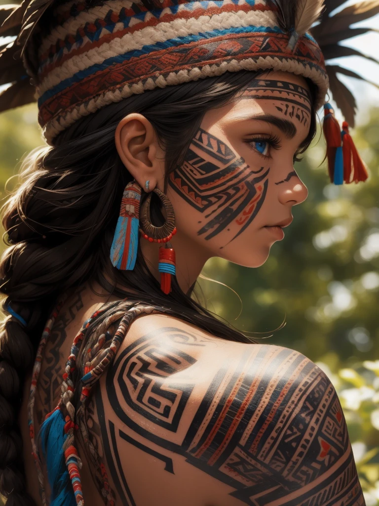 masterpiece, upper body, close up of girl, native american face, handsome, (tribal cap), blue eyes, messy hairs, (tribal tattoos on cheek), (looking back), (side view), bokeh