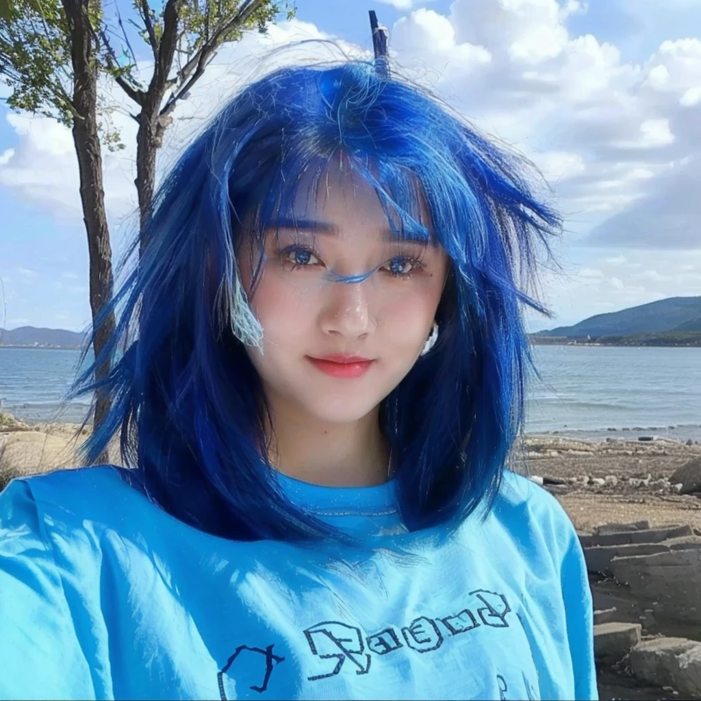 a close up of a person with Blue Hair and a blue shirt, with Blue Hair, Blue Hairstyle, cobalt Blue Hair, pretty girl with Blue Hair, Real life girl, flowing Blue Hair, rich blue, beautiful Blue Haired girl, girl with Blue Hair, blueed, Blue Hair, blue短发, blue, short Blue Hair