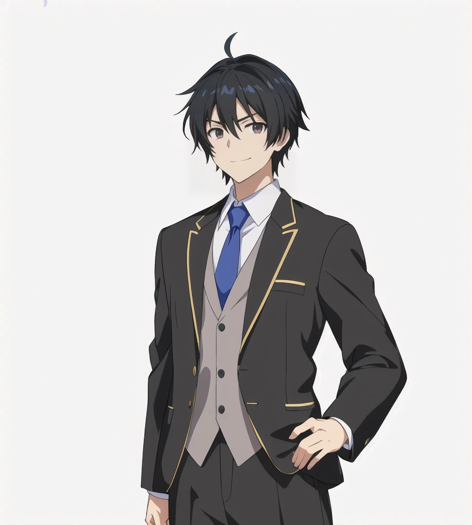 Highest quality, high resolution, High quality anime art style, Official Art, Smooth anime CG art, Stylized anime, Visual Novel Sprites, White background, whole body, Anime-style 3D, Smooth anime CG art, Humanoid Male, criminal, Man in suit and tie, Tough-faced man, Man in grey suit, Long face, smile,Black Hair, Narrow eyes,Slender, Age 25,