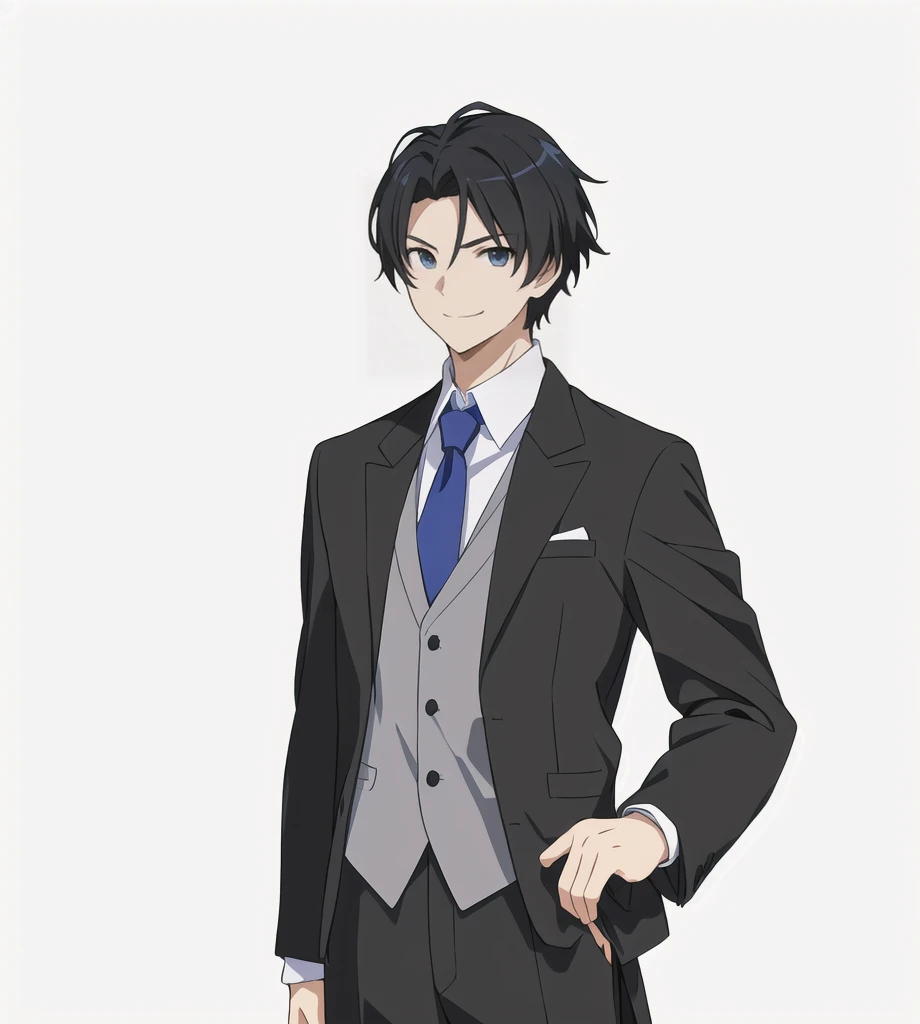 Highest quality, high resolution, High quality anime art style, Official Art, Smooth anime CG art, Stylized anime, Visual Novel Sprites, White background, whole body, Anime-style 3D, Smooth anime CG art, Humanoid Male, criminal, Man in suit and tie, Tough-faced man, Man in grey suit, Long face, smile,Black Hair, Narrow eyes,Slender, Age 25,