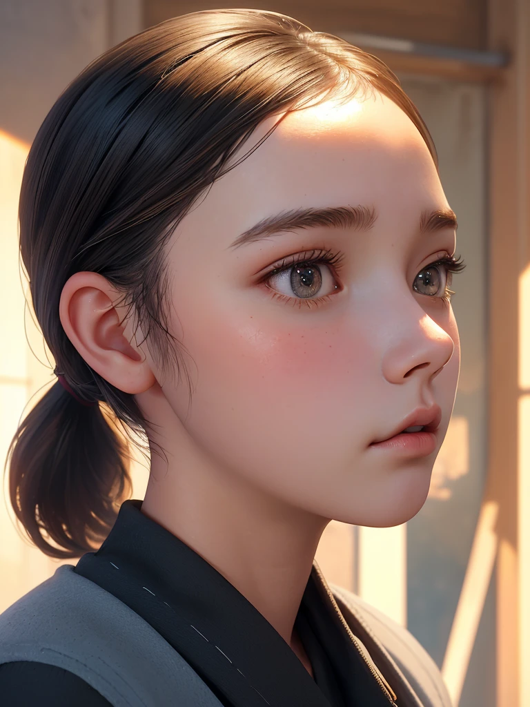 One Girl，(1人のとてもcute女の子:1.3)，masterpiece，Highest quality，High resolution，From below，Low - Angle，Photorealistic，RAW Photos，Ray Tracing，beautiful girl，(15 years old:1.3)，cute，Big eyes，(detailed pupils:1.2)，(Face turned to the side:1.3)，Cute nose，Beautiful nose，Upturned nose，Fuller lips，Short black hair，ponytail，short hair，Detailed eyelashes，Thin eyebrows，Very fine grain definition，(profile:1.3)，(Face close-up，Face Focus:1.0)，Small breasts，Short neck，，Red and white brick building，Western-style building，poplar tree，Portrait，Look to the side，Upper Body，Cinema Lighting，High resolution，Very detailed