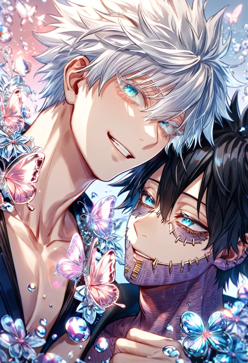 absurdres, highres, ultra detailed, HDR, master piece, best quality, extremely detailed face, delicated features, Dabi, black hair, expressive turquoise eyes, Boku No Hero Academia, Gojou Satoru, white hair, expressive blue eyes, white eyelashes, two sexy men together, gay couple, yaoi, handsome, smiling, blue jacket with fur, black T-shirt, black coat, fantasy, magical, pink glass butterflies, pink glass flowers, water, pink glass blossoms, pink glass moon, crystal glass style