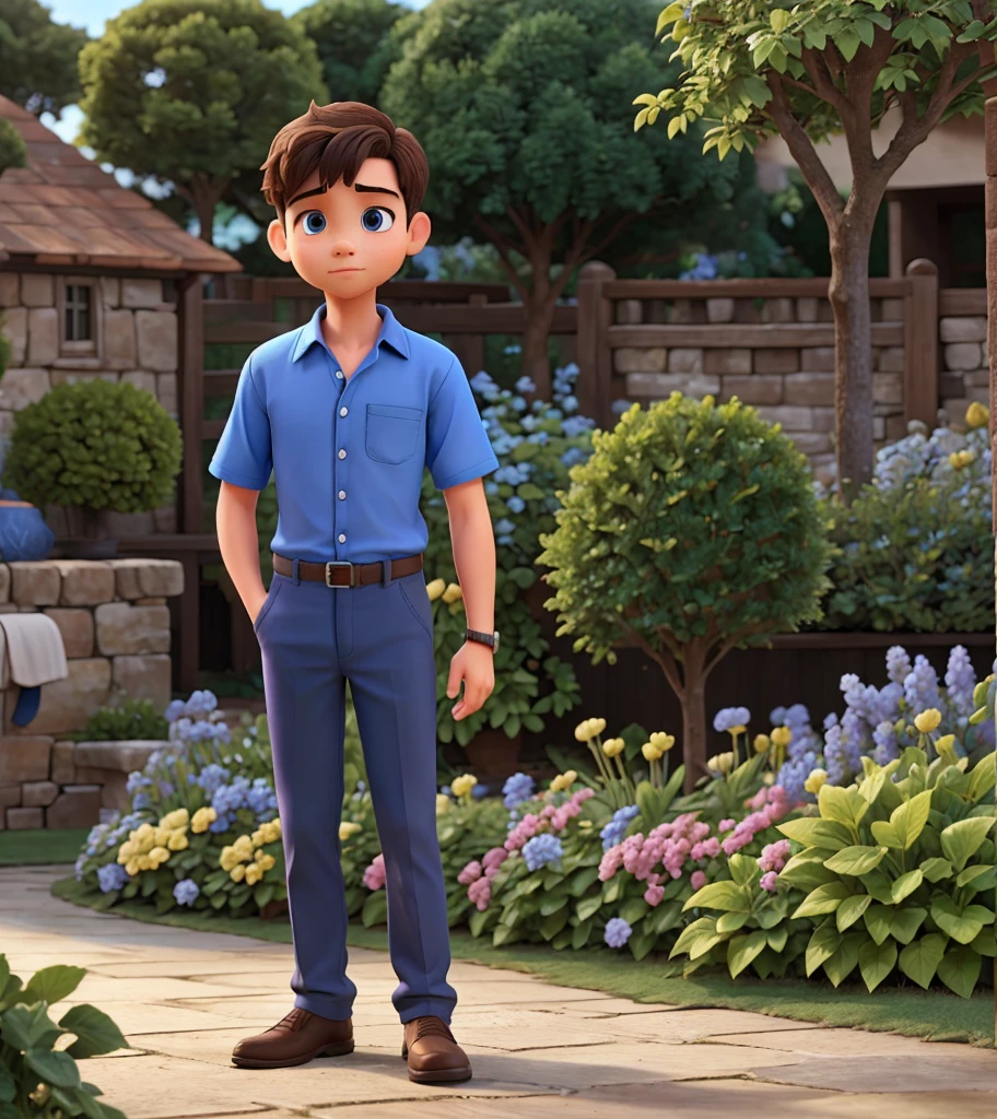A adult boy blue shirt his stand to A garden