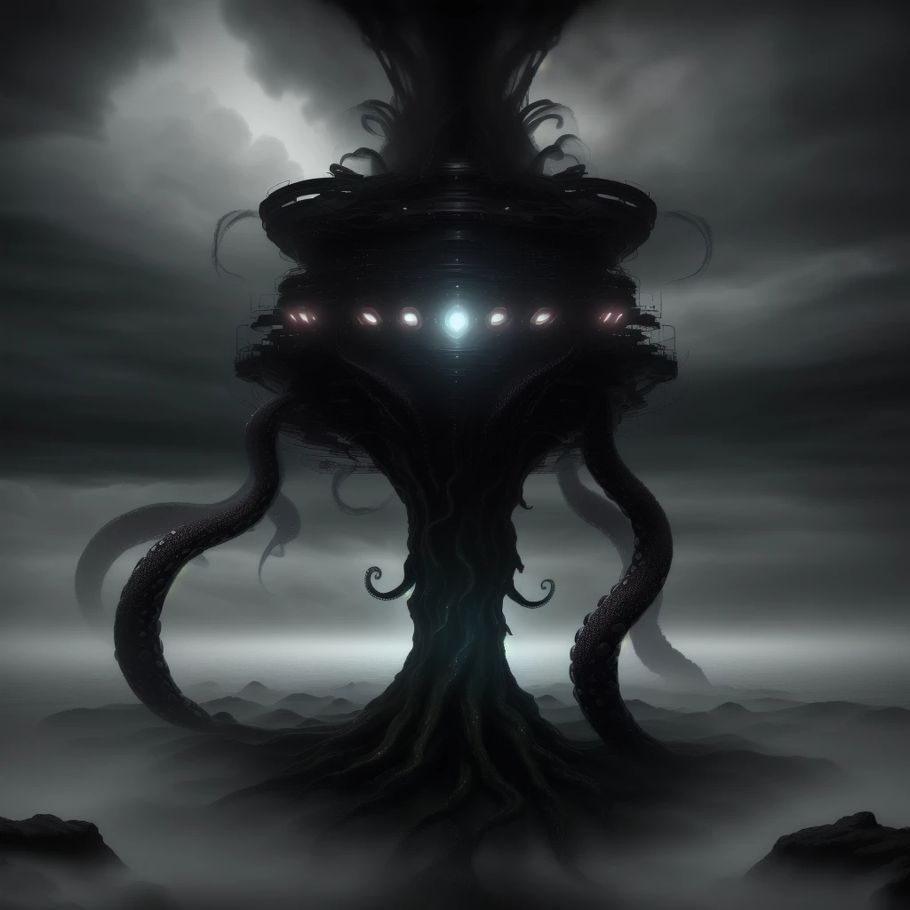 abyssaltech,scifi,dark energy,ethereal,dissolving,see-through,abyss,tentacles,octopus,(best quality,4k,8k,highres,masterpiece:1.2),ultra-detailed,(realistic,photorealistic,photo-realistic:1.37),dramatic lighting,cinematic,muted colors,moody,eerie atmosphere