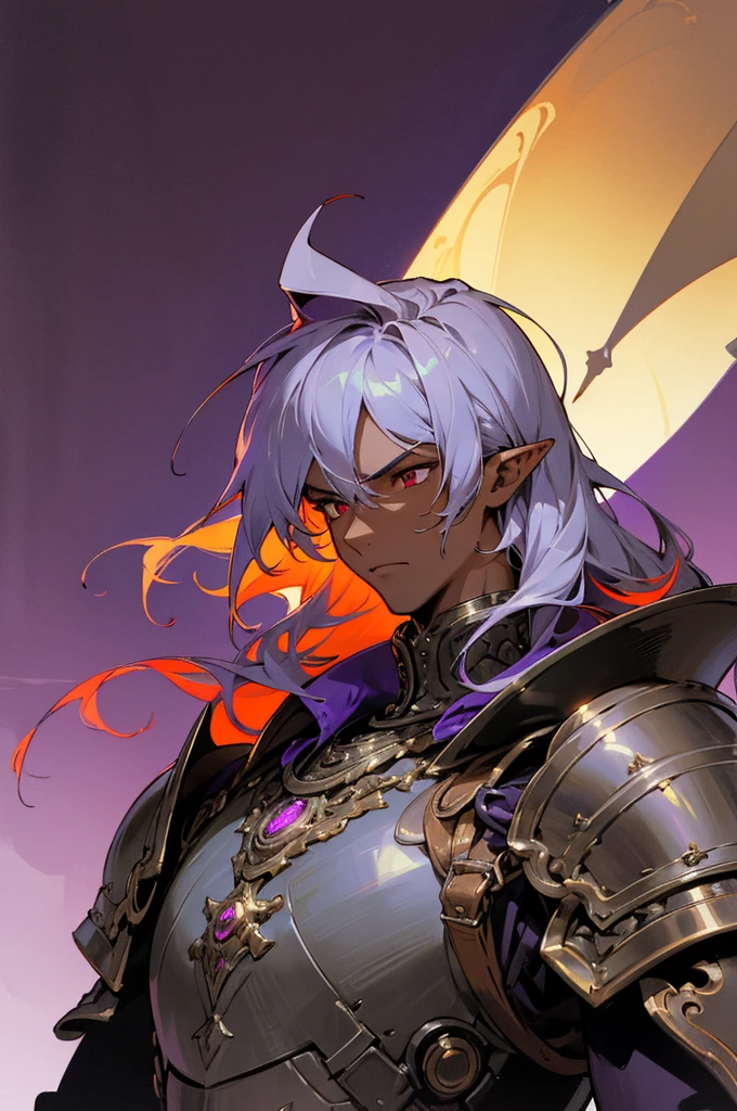 masterpiece, best quality, ultra high res, dark theme, 1boy, (dungeonpunk armor), (mechanical steampunk armor), (wearing armor), fantasy illustration, dark skinned, human, upper body, portrait, red eyes, long white hair, half-drow, pointy ears, serious face, young man, dramatic lighting, purple hue, art by Kinema Citrus