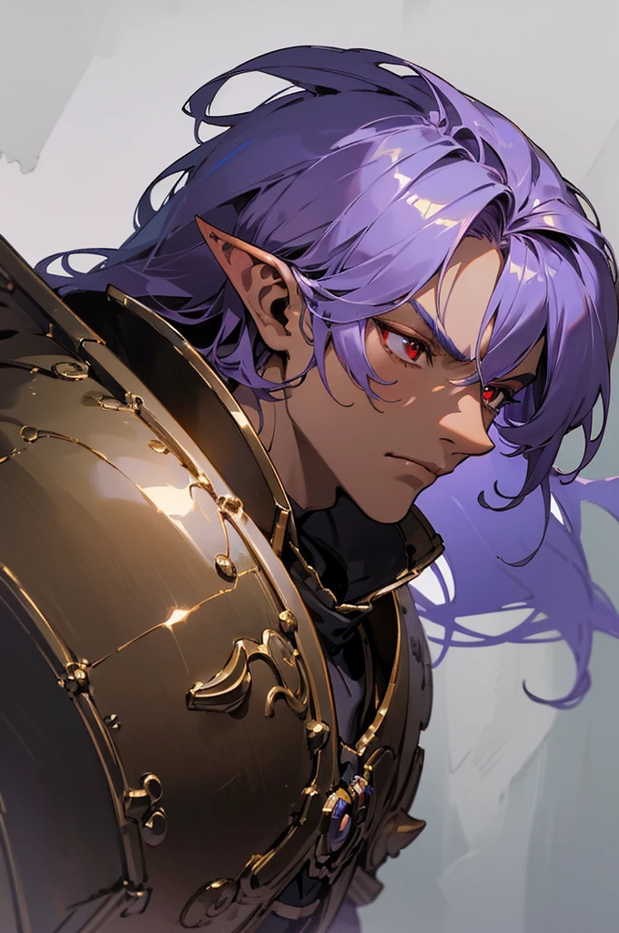 masterpiece, best quality, ultra high res, dark theme, 1boy, (dungeonpunk armor), (mechanical steampunk armor), (wearing armor), fantasy illustration, dark skinned, human, upper body, portrait, red eyes, long white hair, half-drow, pointy ears, serious face, young man, dramatic lighting, purple hue, art by Kinema Citrus
