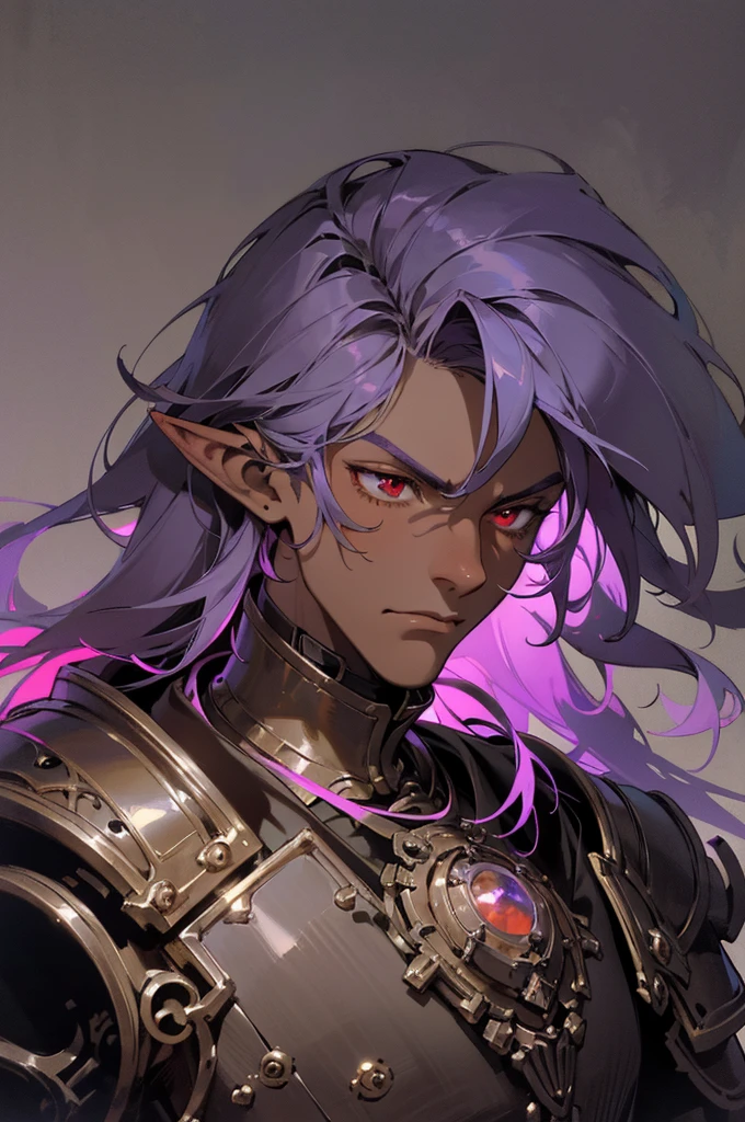 masterpiece, best quality, ultra high res, dark theme, 1boy, (dungeonpunk armor), (mechanical steampunk armor), (wearing armor), fantasy illustration, dark skinned, human, upper body, portrait, red eyes, long white hair, half-drow, pointy ears, serious face, young man, dramatic lighting, purple hue, art by Kinema Citrus