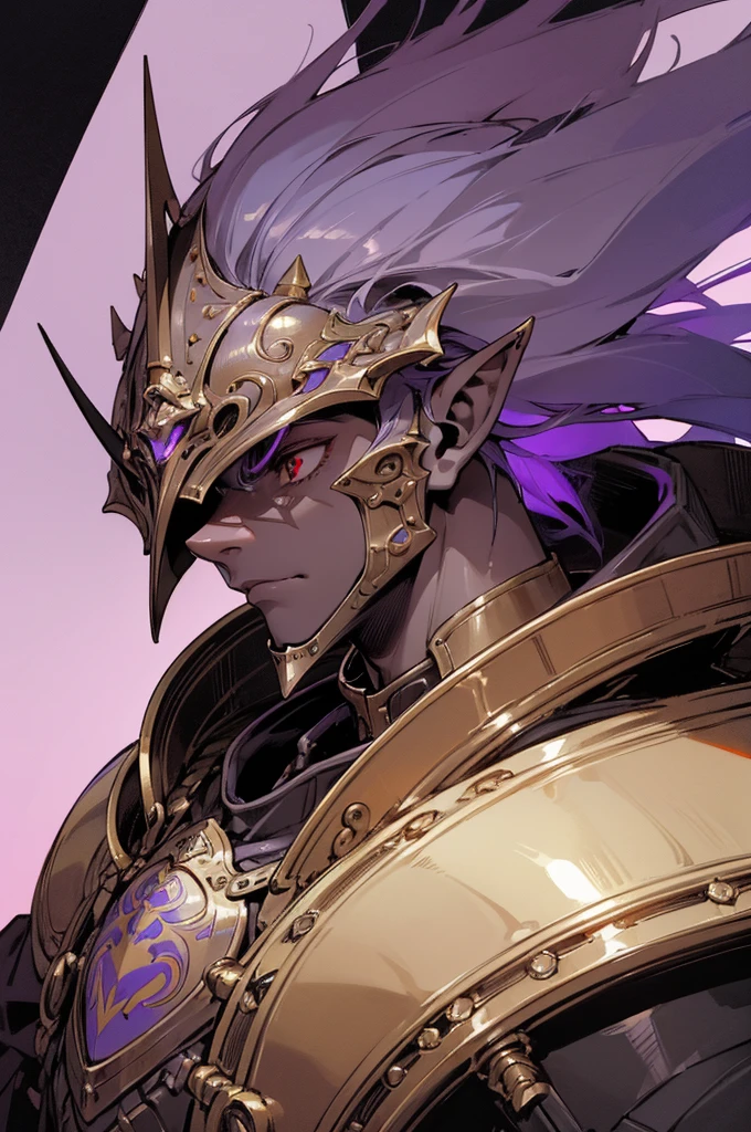 masterpiece, best quality, ultra high res, dark theme, 1boy, (dungeonpunk armor), (mechanical steampunk armor), (wearing armor), fantasy illustration, dark skinned, human, upper body, portrait, red eyes, long white hair, half-drow, pointy ears, serious face, young man, dramatic lighting, purple hue, art by Kinema Citrus