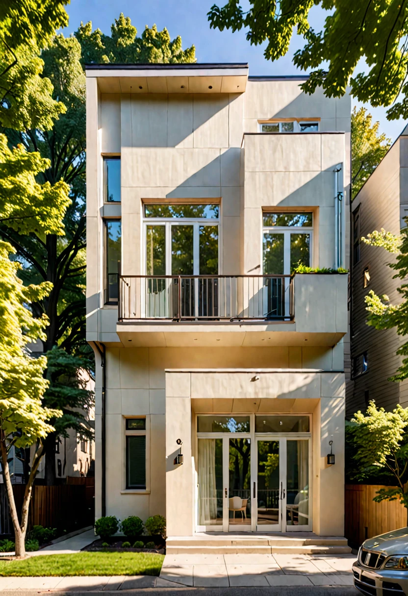 Urban townhouses are cream-colored, morning light, clear, cool, surrounded by trees