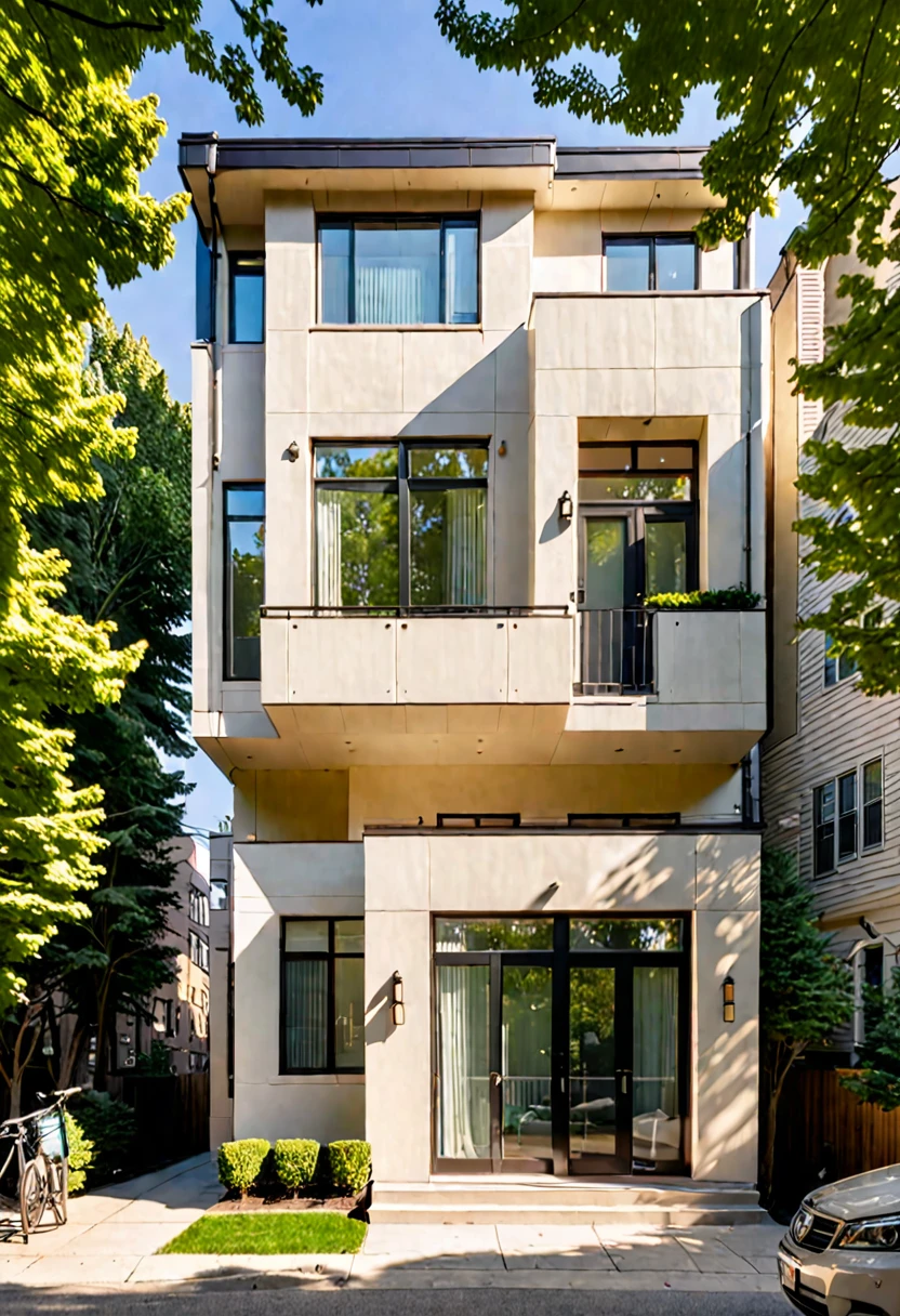 Urban townhouses are cream-colored, morning light, clear, cool, surrounded by trees