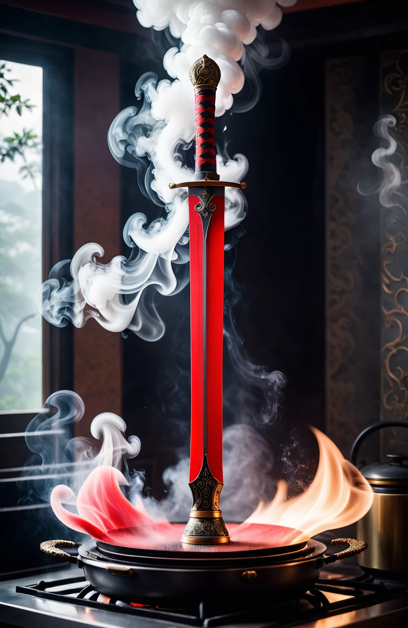 Movie stills Chinese style. A red sword that emits a lot of smoke is stuck in the stove. Shroud your surroundings in a mysterious and surreal mist. Smoke takes on unusual forms and shapes, Create surreal visual effects. . Shallow depth of field, Vignette, Very detailed, High budget, Bokeh, Cinemascope, moody, epic, Gorgeous, film grain, Granular