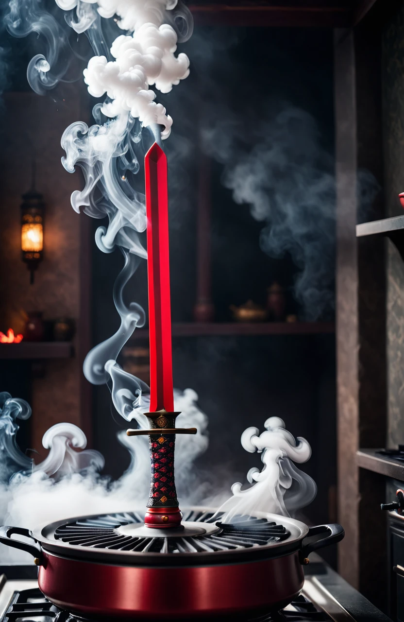 Movie stills Chinese style. A red sword that emits a lot of smoke is stuck in the stove. Shroud your surroundings in a mysterious and surreal mist. Smoke takes on unusual forms and shapes, Create surreal visual effects. . Shallow depth of field, Vignette, Very detailed, High budget, Bokeh, Cinemascope, moody, epic, Gorgeous, film grain, Granular