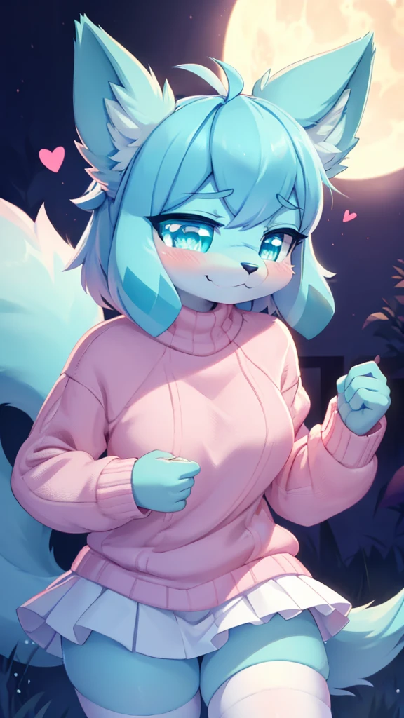 best qualityer,best resolution,(cute furry den :1.3),icing,cyan eyes,glare eyes,neon eyes,glare eyes,medium breasts,Pink sweater,(white skirt),white stockings,Dark blue sky,huge blue moon,hungry face,I wish smile,closed eye,gazing at viewer,full-face blush,Heavy breathing,too hot,heart eyes,shy expression eyes,shy pose,from front view,icing,Youngh (18 years old)