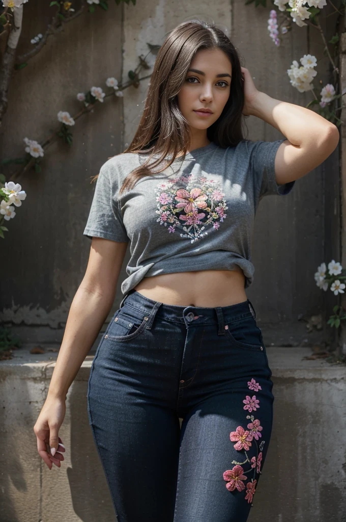 A beautiful girl in her 30s, beautiful thighs, wearing jeans and black t-shirt, the jeans has a colorful and intricate flower design on one of the thighs area
