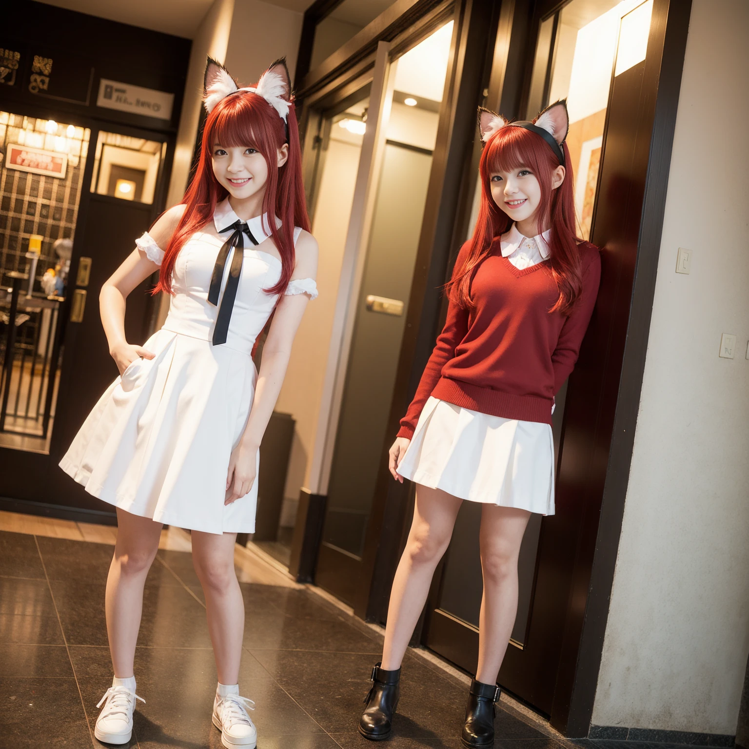 Cat ear Madoka Magica Cute girl Red hair Full body standing Smile