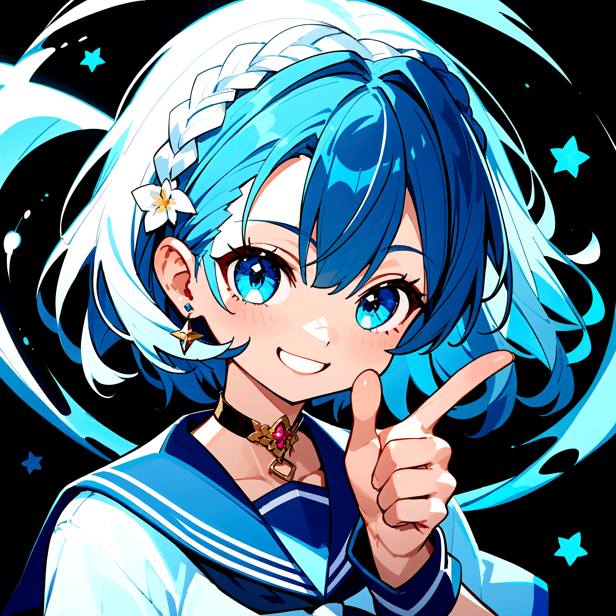 score_9, score_8_up, score_7_up, score_6_up, score_5_up, score_4_up,source_anime,rating_safe,rating_questionable,masterpiece, best quality, perfect anatomy , very aesthetic , absurdres , BREAK ,1girl,crownbraid-hair,blue and white mix hair, (1thumbs up:1.3),(close up face and hand:1.3),short hair,white background,big hand, big smile,cute,icon-style,simple background,sailor dress