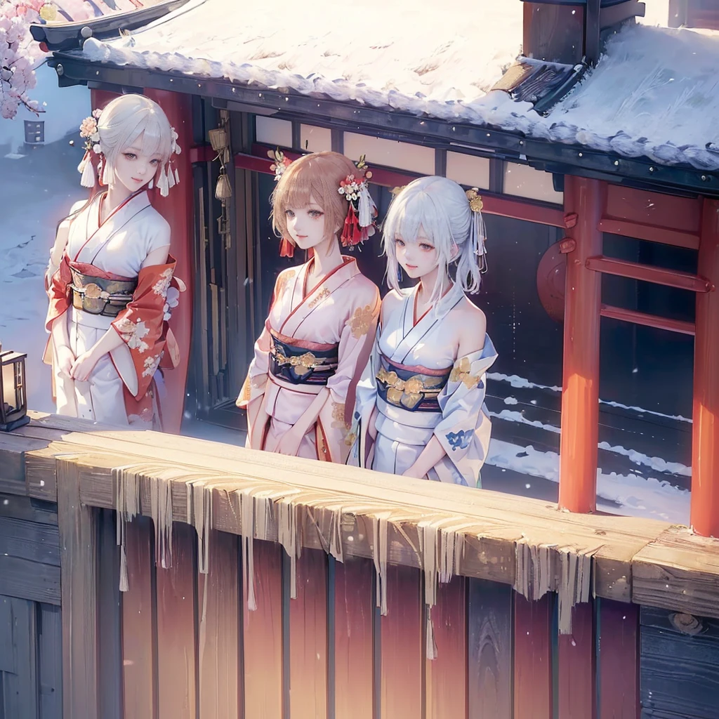 best quality, masterpiece,
New Year, (Kimono with strikingly beautiful colors:1.7),
Three Japanese high-school cute girls, looking straight, gently smiling,
white short scarf, white feather shawl,
(separately side by side:1.4),
(The image shows only the upper body:1.7),
shrine background,
winter(season),(outdoors:1.5)