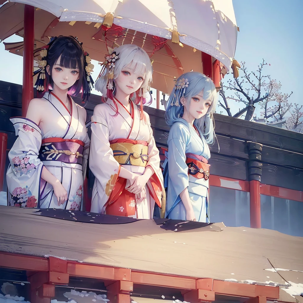 best quality, masterpiece,
New Year, (Kimono with strikingly beautiful colors:1.7),
Three Japanese high-school cute girls, looking straight, gently smiling,
white short scarf, white feather shawl,
(separately side by side:1.4),
(The image shows only the upper body:1.7),
shrine background,
winter(season),(outdoors:1.5)