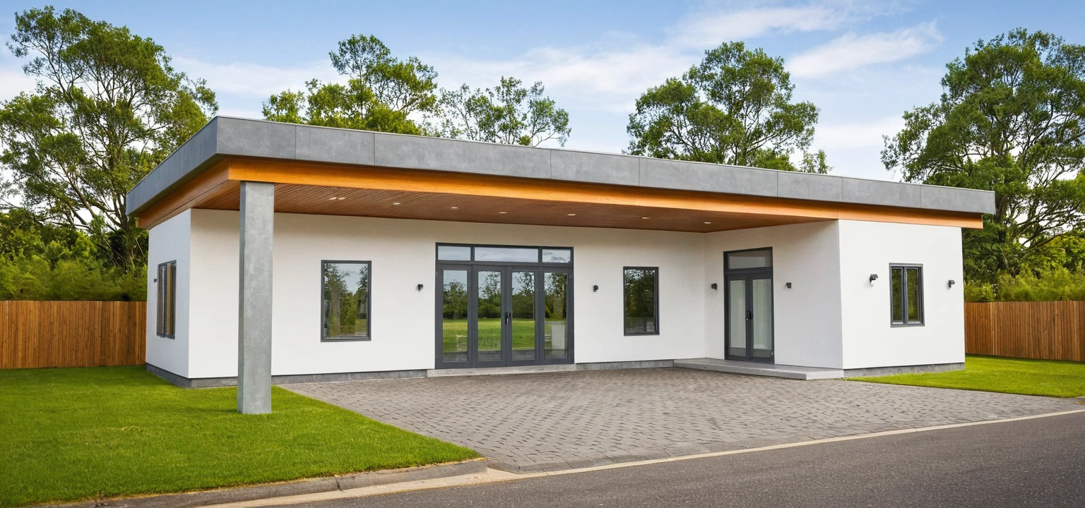 Photo brute,head of&#39;artwork, High quality, best quality, authentique, great detail,
Outside, En plein air, style de maison moderne dans la rue, glass windows, grille, wooden ceiling,
road,pavement, trees, sky, nuvens, (day light:1.1)