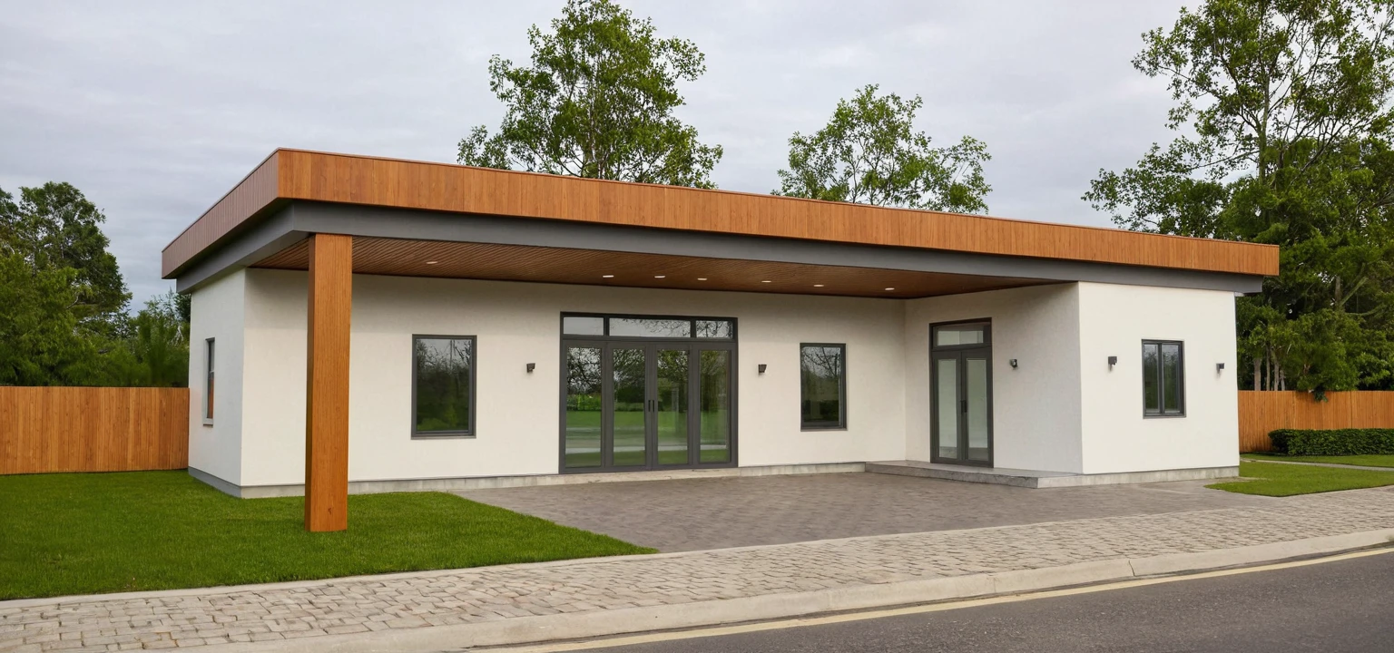 Photo brute,head of'artwork, High quality, best quality, authentique, great detail,
Outside, En plein air, style de maison moderne dans la rue, glass windows, grille, wooden ceiling,
road,pavement, trees, sky, nuvens, (day light:1.1)