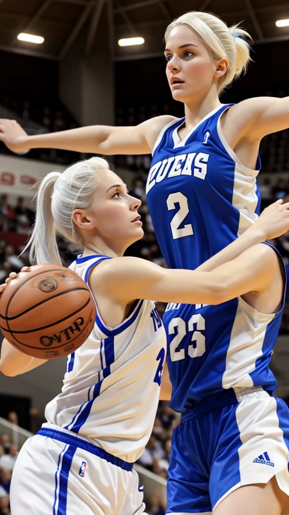 26 year old woman white hair blue eyes and white skin playing basketball