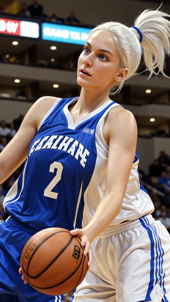 26 year old woman white hair blue eyes and white skin playing basketball