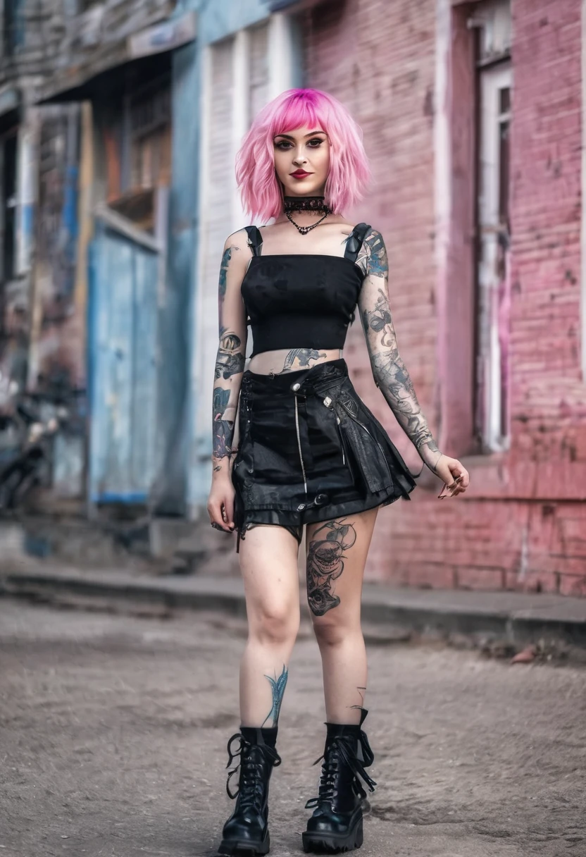 ultrarealistic high quality photo of a beautiful young busty european goth woman with cute face and brunette with dyed pink-white streaks long messy bob and beautiful smile, round steel-blue eyes, homecoming queen outfit, full body outdoor photography