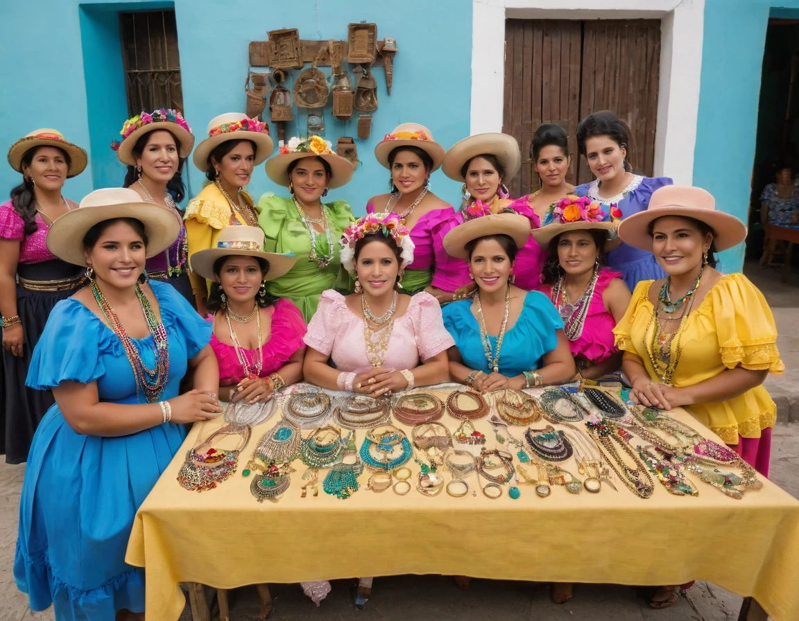 several women are standing around a table with jewelry, bolivian cholitas, cuban women in havana, colombian, 2995599206, 2708519935, carla ortiz, 2654465279, 1614572159, in babahoyo Ecuador, have normal casual clothes