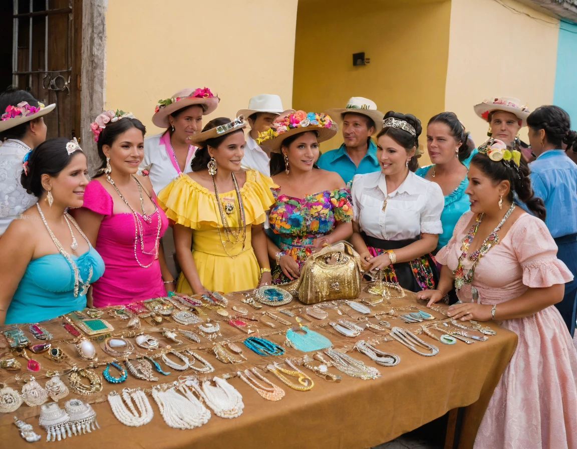 several women are standing around a table with jewelry, bolivian cholitas, cuban women in havana, colombian, 2995599206, 2708519935, carla ortiz, 2654465279, 1614572159, in babahoyo Ecuador, have normal casual clothes