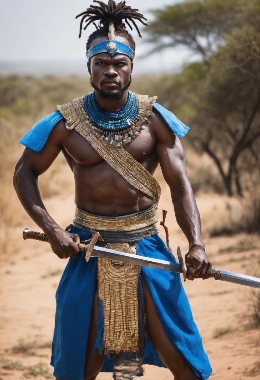 African man fighting with his sword, dressed like a warrior, your clothes are blue