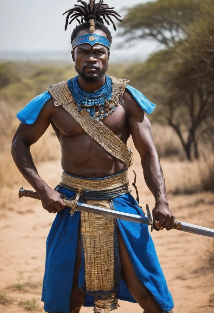 African man fighting with his sword, dressed like a warrior, your clothes are blue