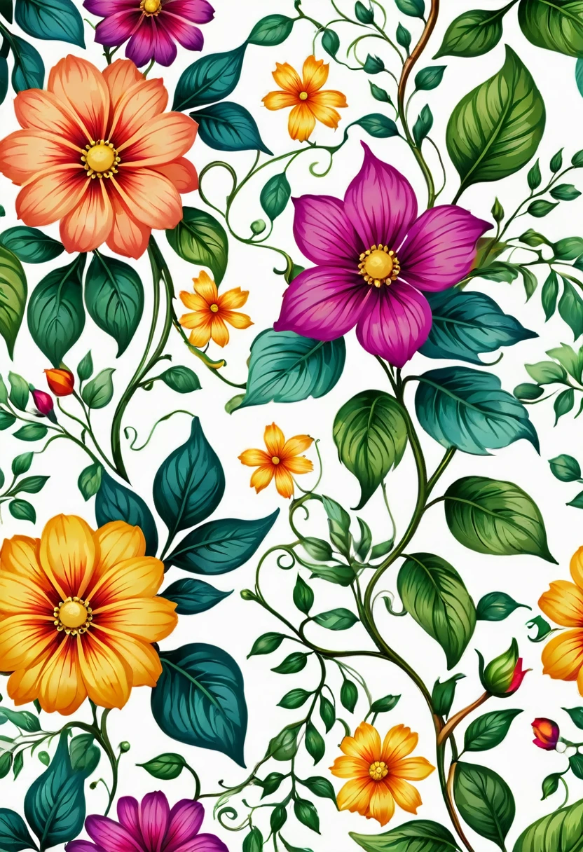 Close up of flowers and leaves pattern on white background, Floral Pattern, Seamless pattern design, Garden flowers pattern, Flowers colorful, flowers and foliage, There are colorful flowers and plants, Fantasy flowers and leaves, Floral Patterned skin, Plant Background, Beautiful high resolution, Gorgeous wallpaper, Plant Pattern, boho floral vines, detailed beautiful plants, Flower Wallpaper