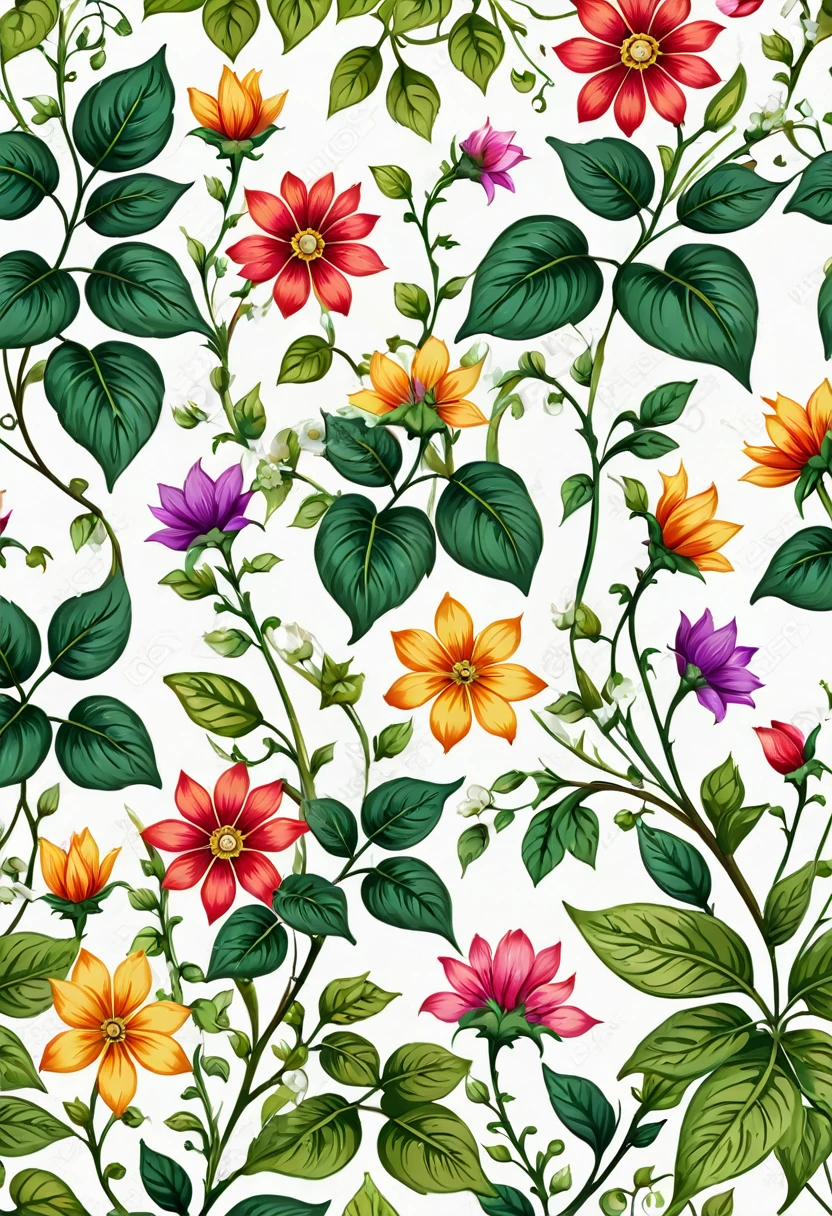 Close up of flowers and leaves pattern on white background, Floral Pattern, Seamless pattern design, Garden flowers pattern, Flowers colorful, flowers and foliage, There are colorful flowers and plants, Fantasy flowers and leaves, Floral Patterned skin, Plant Background, Beautiful high resolution, Gorgeous wallpaper, Plant Pattern, boho floral vines, detailed beautiful plants, Flower Wallpaper