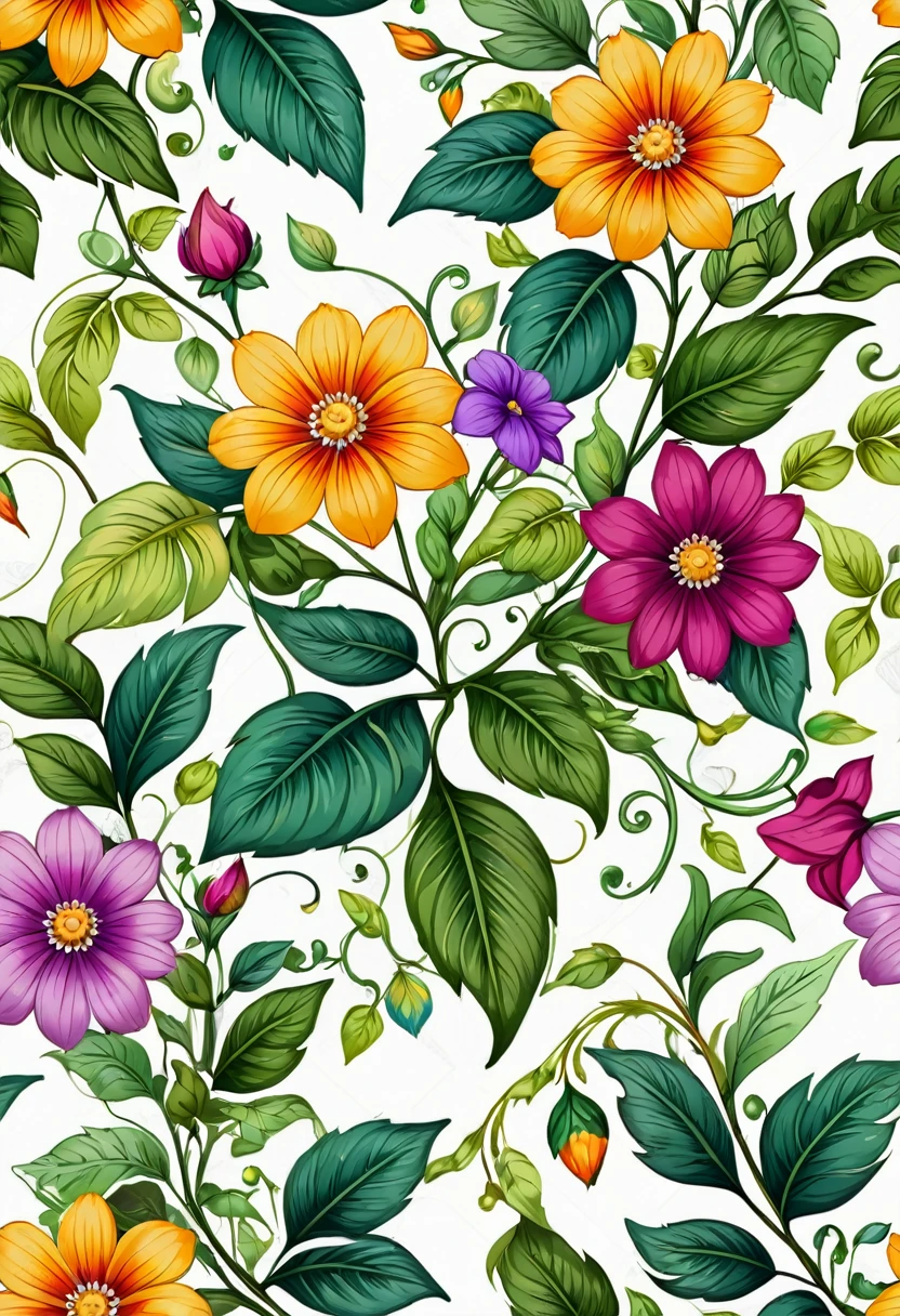 Close up of flowers and leaves pattern on white background, Floral Pattern, Seamless pattern design, Garden flowers pattern, Flowers colorful, flowers and foliage, There are colorful flowers and plants, Fantasy flowers and leaves, Floral Patterned skin, Plant Background, Beautiful high resolution, Gorgeous wallpaper, Plant Pattern, boho floral vines, detailed beautiful plants, Flower Wallpaper