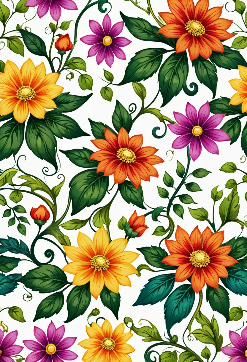 Close up of flowers and leaves pattern on white background, Floral Pattern, Seamless pattern design, Garden flowers pattern, Flowers colorful, flowers and foliage, There are colorful flowers and plants, Fantasy flowers and leaves, Floral Patterned skin, Plant Background, Beautiful high resolution, Gorgeous wallpaper, Plant Pattern, boho floral vines, detailed beautiful plants, Flower Wallpaper