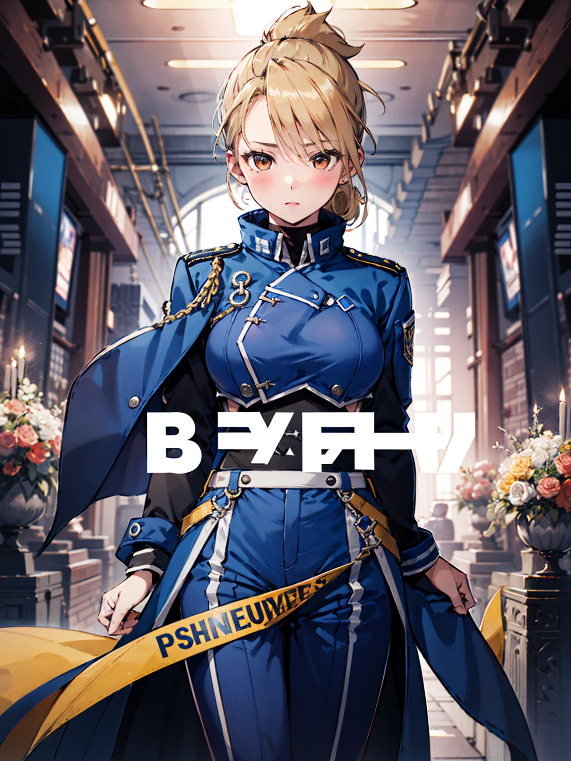 masterpiece, Highest quality, High resolution, One girl, (Blue jacketの下にBlack innerwearシャツ), Folded ponytail, Brown eyes, , uniform, Blue jacket, Blue pants,Invitation , glamorous, ,Big Breasts, Black innerwear, blush
