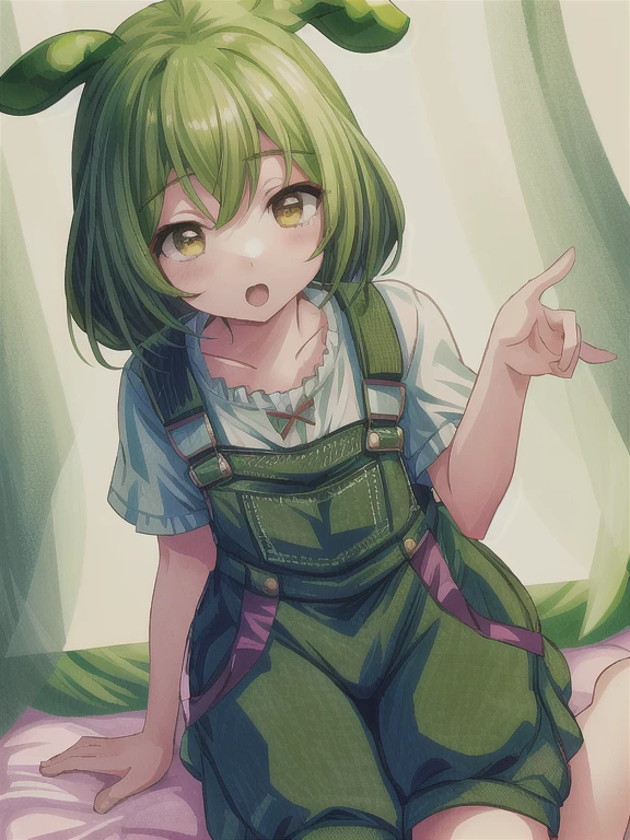 masterpiece, Highest quality, original character,One girl,alone,Zundamon, Boyish clothing, In a lively state, Green overalls shorts