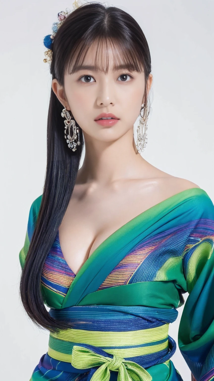 (masterpiece, Highest quality, High resolution:1.4), wallpaper, whole body, One girl, Long Hair, (Blue Hair:1.0), (Black Hair:1.0), Green Eyes, Multicolored Hair, Gradient Hair, Large Breasts, Turn to the side, yukata , Have a popper, night, Hair Clip, bangs,