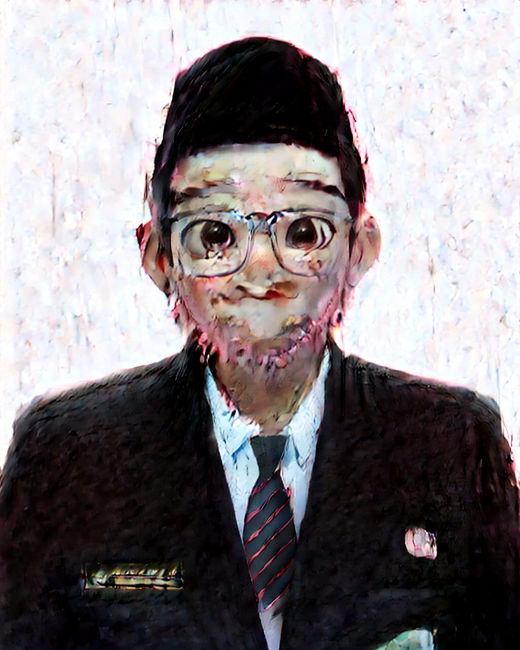 best quality, 1boy, solo, cartoon portrait , simple background, short hair, pink lips, black hair, black shirt, black glasses