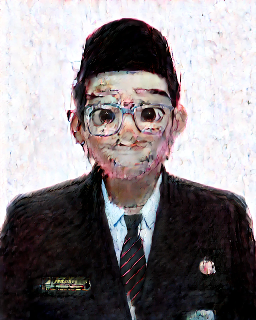 best quality, 1boy, solo, cartoon portrait , simple background, short hair, pink lips, black hair, black shirt, black glasses