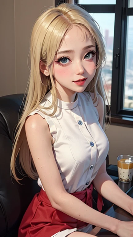 blush a little and smile, (Top quality masterpiece:1.2) Delicate illustrations, Very detailed, /Beautiful Japanese Women、1 person,Very cute and slim、Great style 、((8K images、super high quality))、Very delicate face, Skin and Hair、beautifule forehead、Red lipstick、(((((Mid-length hair、Blonde、lure))))),Very cute Japanese cut face、Eyes and nose are clearly visible、Kind eyes,((((Sleeveless fashion))))