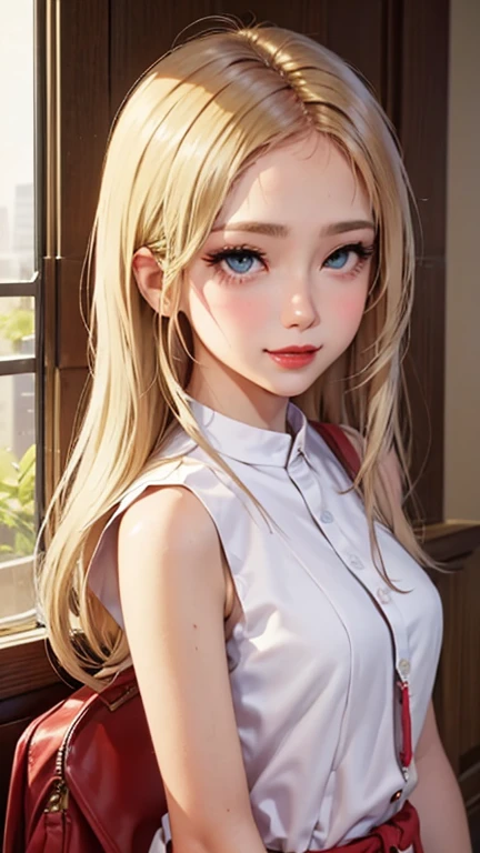 blush a little and smile, (Top quality masterpiece:1.2) Delicate illustrations, Very detailed, /Beautiful Japanese Women、1 person,Very cute and slim、Great style 、((8K images、super high quality))、Very delicate face, Skin and Hair、beautifule forehead、Red lipstick、(((((Mid-length hair、Blonde、lure))))),Very cute Japanese cut face、Eyes and nose are clearly visible、Kind eyes,((((Sleeveless fashion))))
