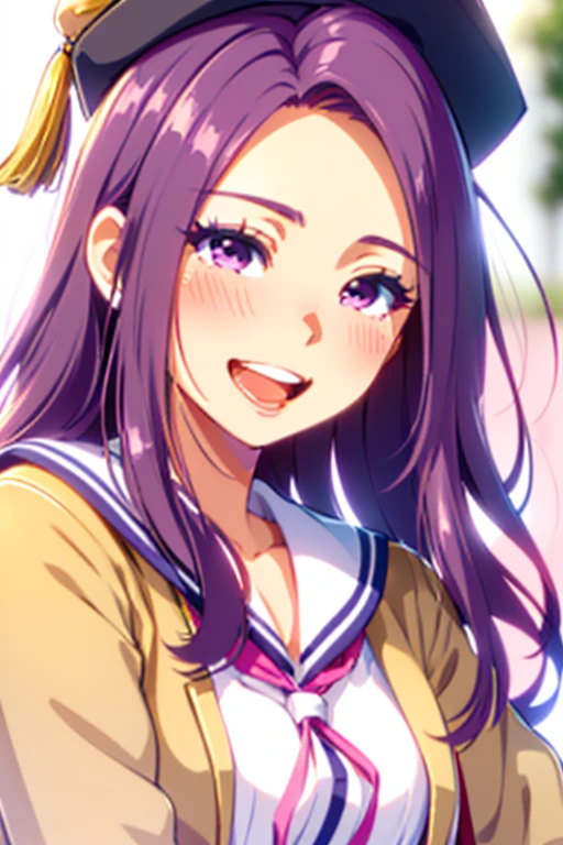 (seira sodeshiro) (highest quality) (very sensual, positive energy) (((solo lady))) (delicate face) (long disheveled hair) ((tanned skin)) (penetrating look) ((extremely pretty)) (she is close to you)) ((teasing you with her hair)) ((your pov)) ((lively colours)) ((loveliest girlfriend)) ((her graduation ceremony)) ((she is wearing her grauation arihane coat and academic cap)) ((honour student)) ((giggling))
