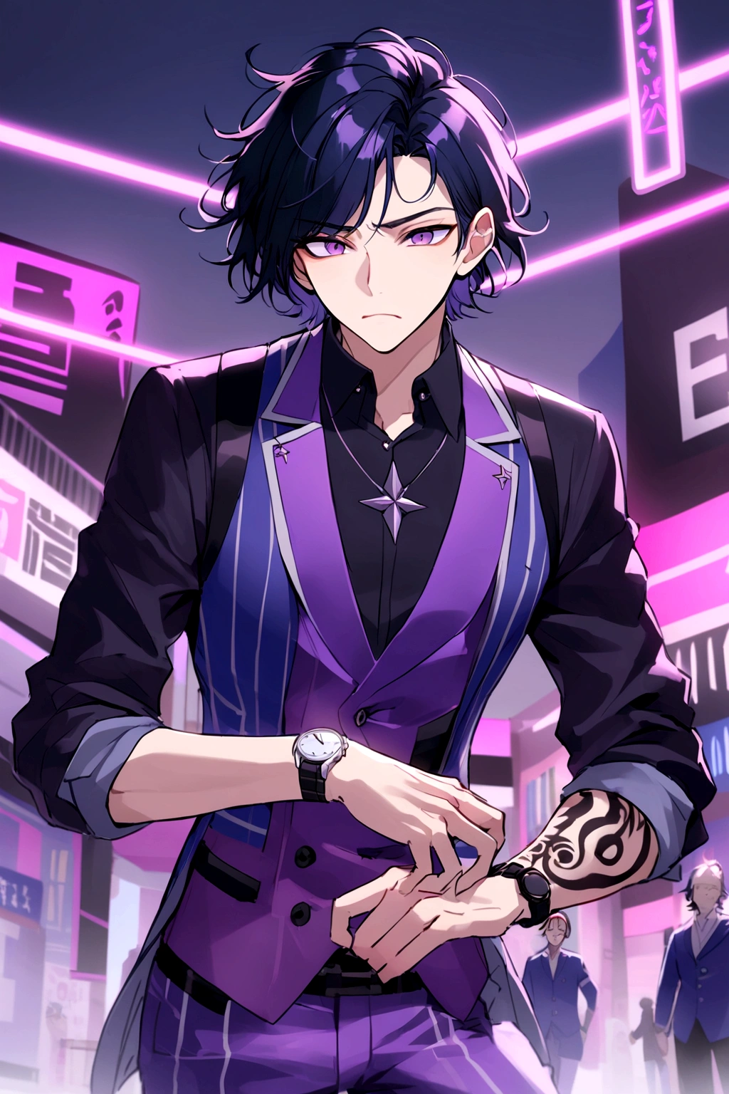 A man, adult face, pointed chin, purple eyes, his hair is black, medium length and a little messy. He has bangs that fall over his forehead and some longer strands around his ears.. upset expression, Un chaleco blue suit with fine stripes, A light blue dress shirt with the sleeves rolled up to the elbows, Pants matching the vest, blue suit with fine stripes, He wears a watch on his left wrist, You can see many tattoos on the forearms, elegant and casual clothing, hands on the sides of the waist, epic hike, blood on more hands, alone, purple background