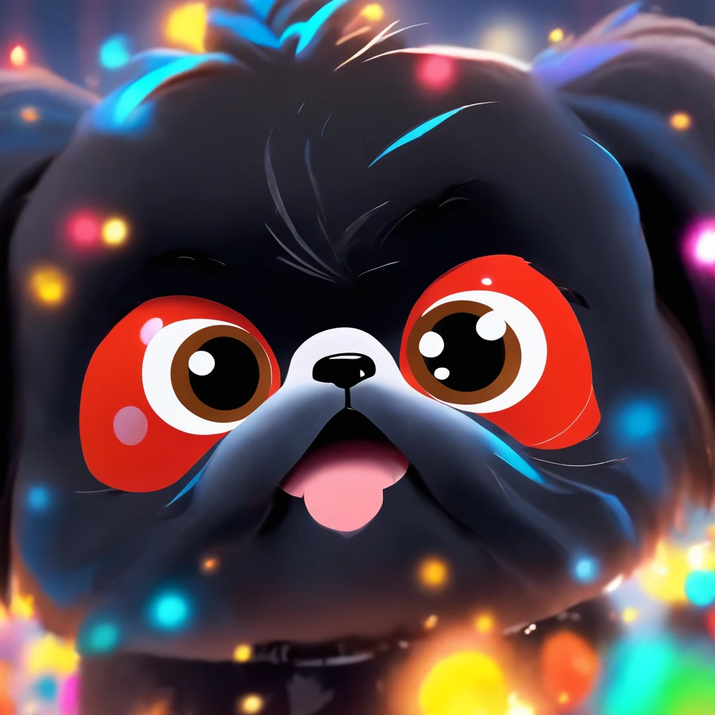 2 Adorable small black Shih Tzu puppies wearing bright sunglasses running on beach Disney background 3d cartoon 3d render disney pixar style