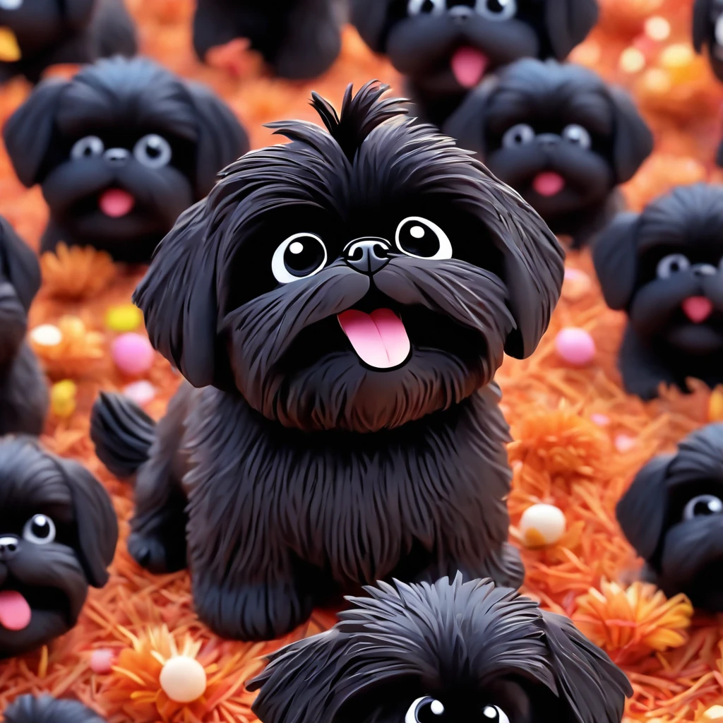 2 Adorable small black Shih Tzu puppies wearing bright sunglasses running on beach Disney background 3d cartoon 3d render disney pixar style