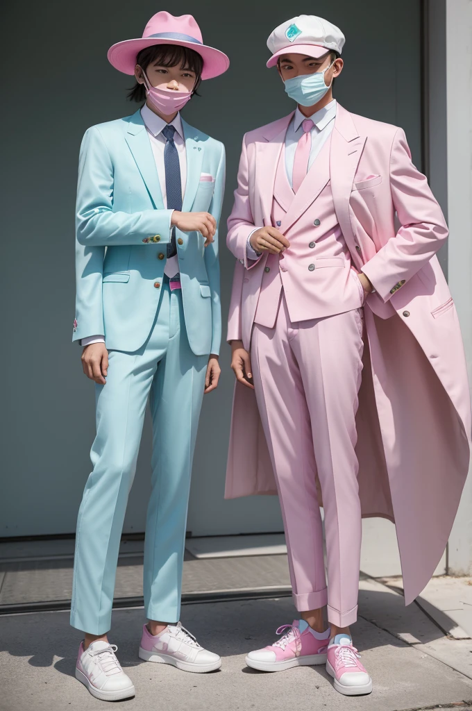 A character with hat backwards Pink blue mask pink and white suit green pants gray and white shoes