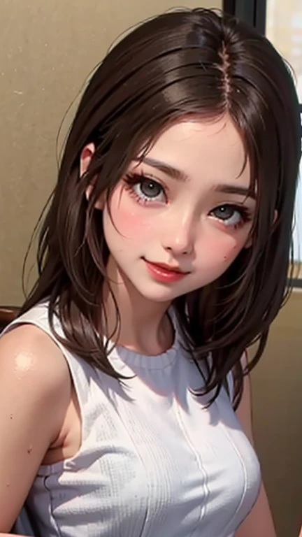 blush a little and smile, (Top quality masterpiece:1.2) Delicate illustrations, Very detailed, /Beautiful Japanese Women、1 person,Very cute and slim、Great style 、((8K images、super high quality))、Very delicate face, Skin and Hair、beautifule forehead、Red lipstick、(((((Mid-length hair、Brown Hair、lure))))),Very cute Japanese cut face、Eyes and nose are clearly visible、Kind eyes,((((Sleeveless fashion))))